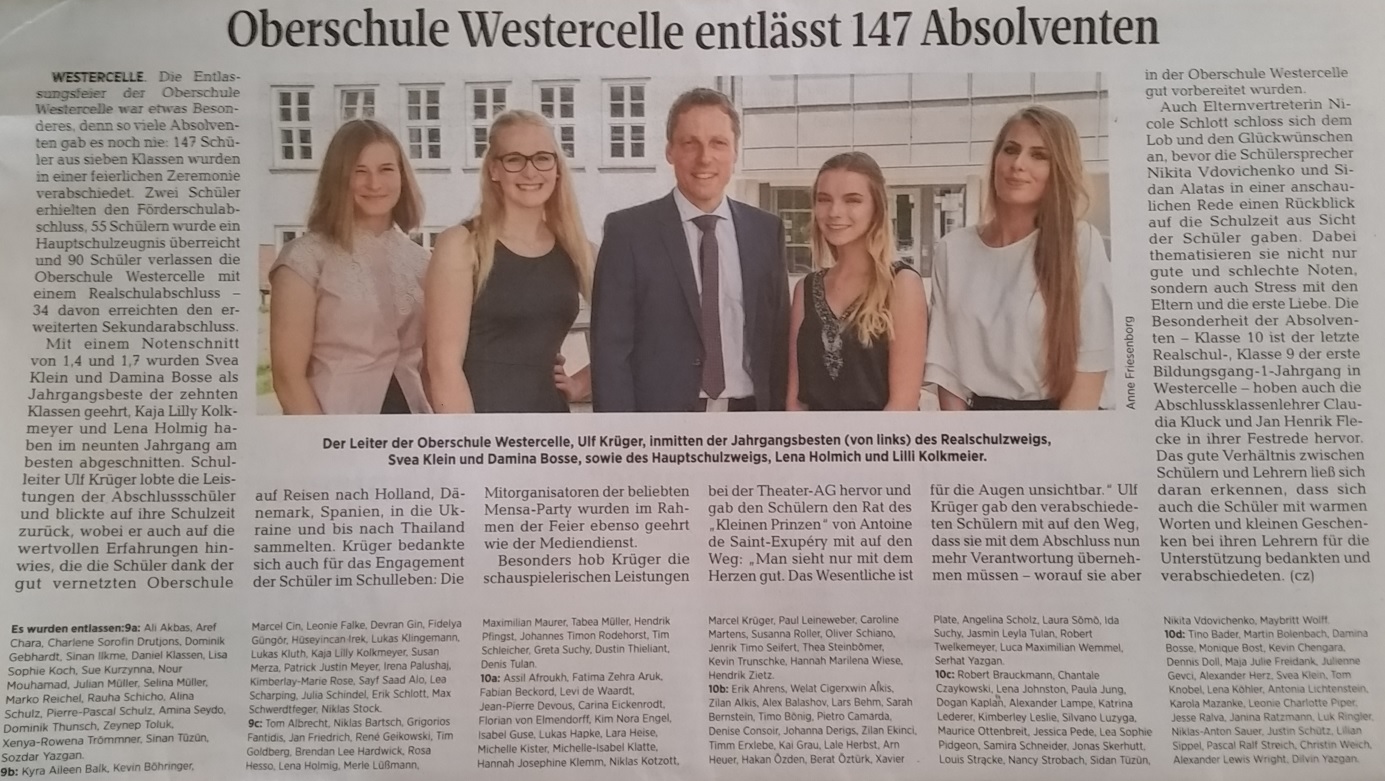 Entlassung 2017 Cellesche Zeitung 21.Juni 2017